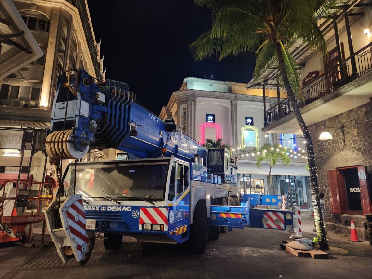 JSTL Terex Demag crane at night