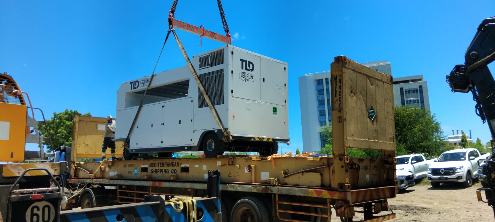 TLD Lebrun ground unit loaded on a flatbed trailer